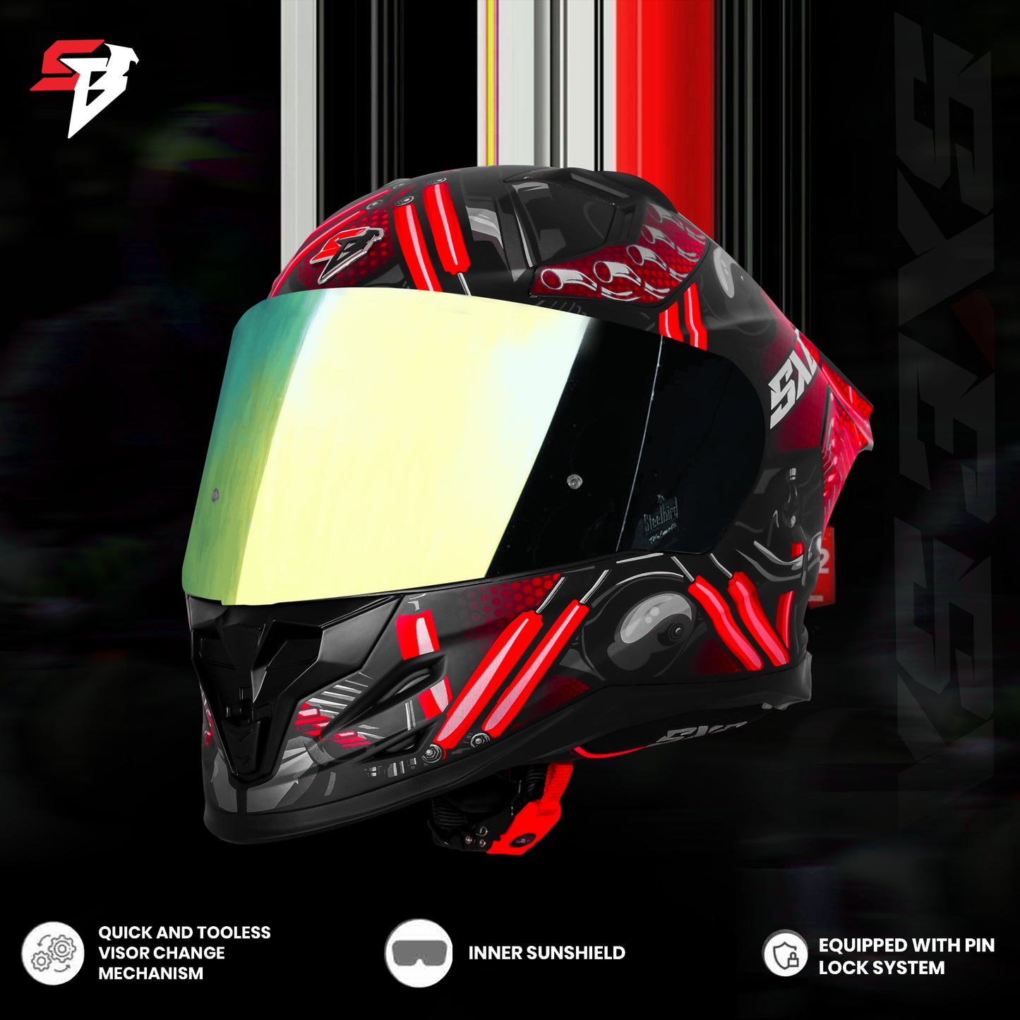 Steelbird SBH 61 SXE X2 ISI and Dot Certified Full Face Helmet for Men and with Inner Silver Sunshield (Glossy Black Red)
