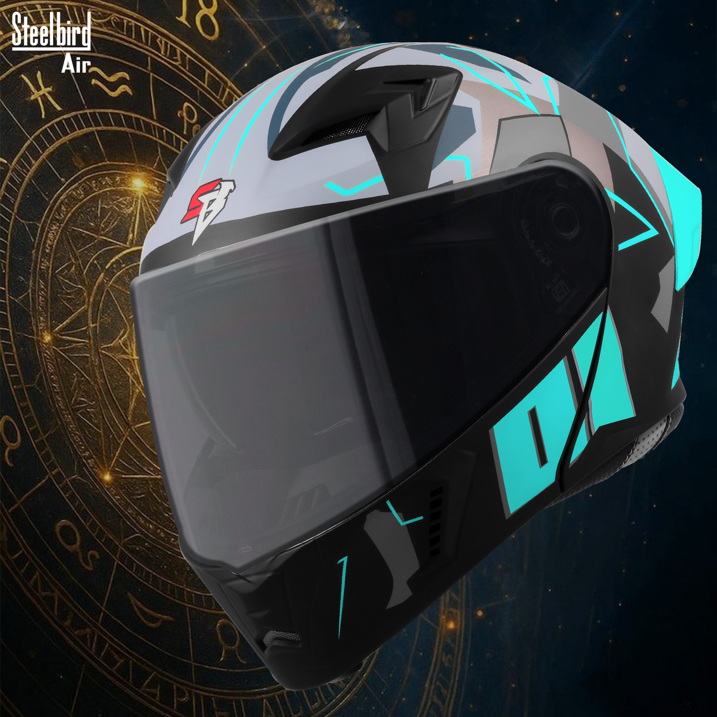 Steelbird SBA-20 01 ISI Certified Flip-Up Graphic Helmet for Men and Women with Inner Chrome Sun Shield. (Glossy Black Jazz Blue with Smoke Visor)