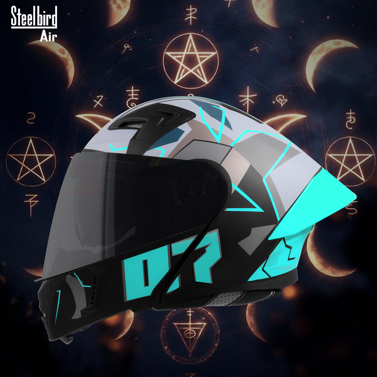 Steelbird SBA-20 07 ISI Certified Flip-Up Graphic Helmet for Men and Women with Inner Chrome Sun Shield. (Glossy Black Jazz Blue with Smoke Visor).