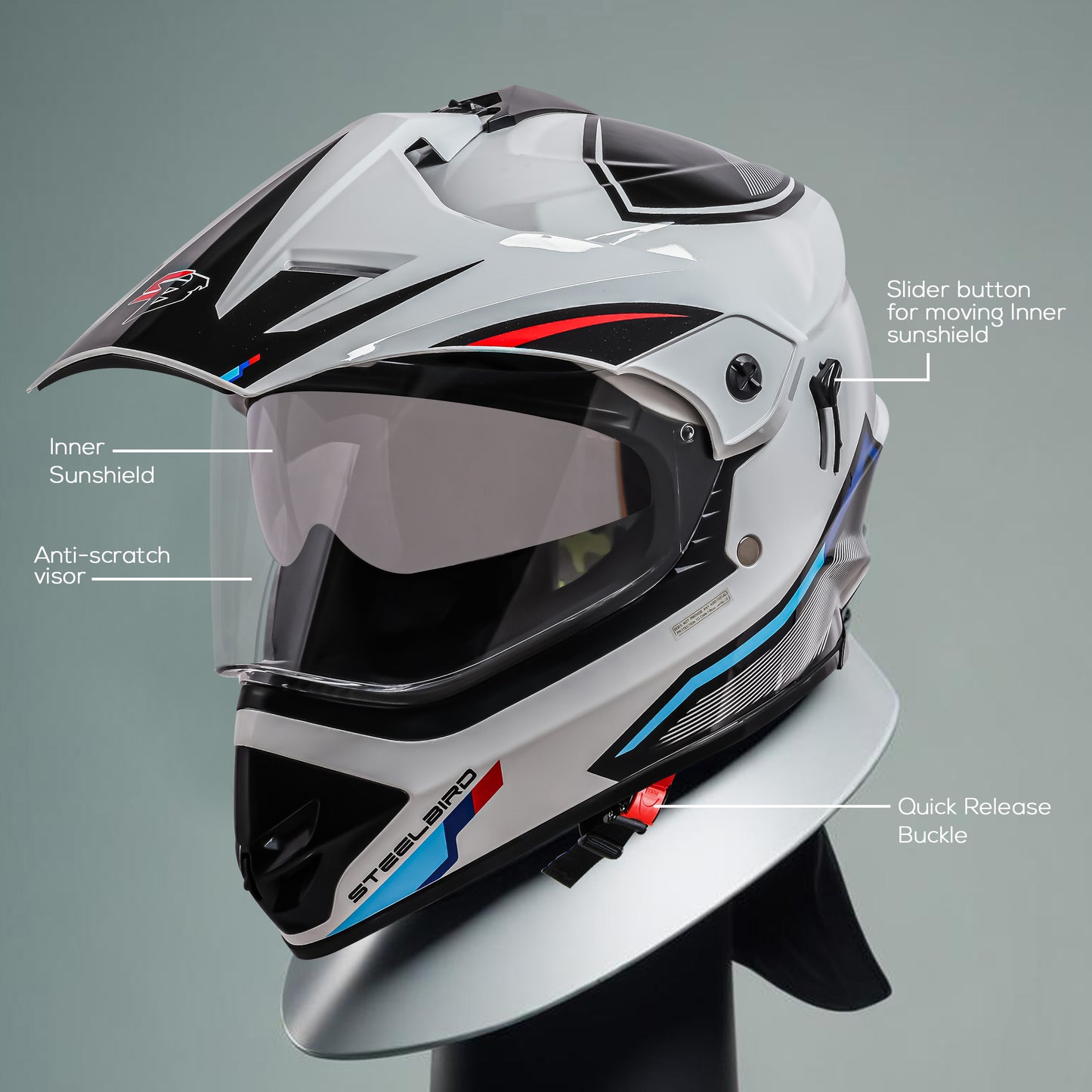 Steelbird Racer Off Road ISI Certified Motocross Double Visor Full Face Graphic Helmet Outer Clear Visor and Inner Silver Sun Shield (Glossy White Red)