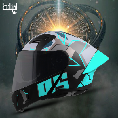 Steelbird SBA-20 05 ISI Certified Flip-Up Graphic Helmet for Men and Women with Inner Chrome Sun Shield. (Glossy Black Jazz Blue with Smoke Visor) .