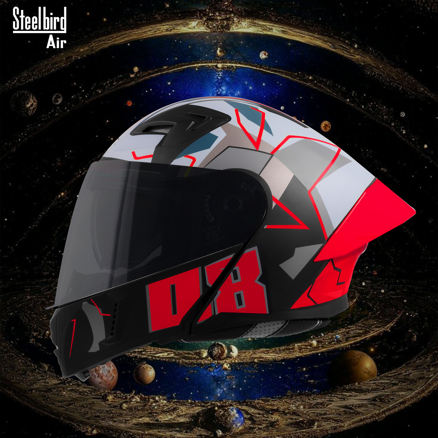 Steelbird SBA-20 08 ISI Certified Flip-Up Graphic Helmet for Men and Women with Inner Chrome Sun Shield .(Glossy Black Red with Smoke Visor)