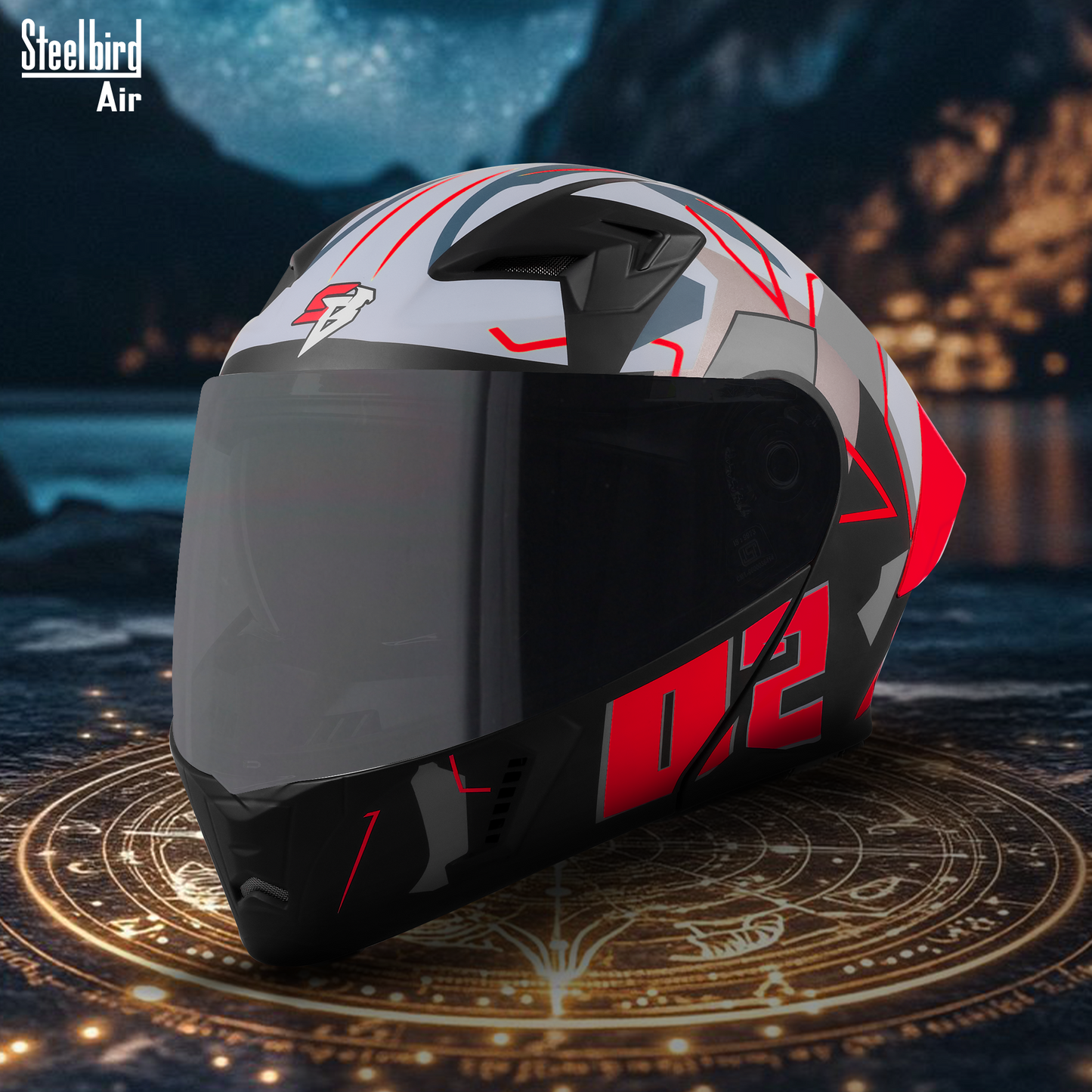 Steelbird SBA-20 02 ISI Certified Flip-Up Graphic Helmet for Men and Women with Inner Chrome Sun Shield .(Glossy Black Red with Smoke Visor).