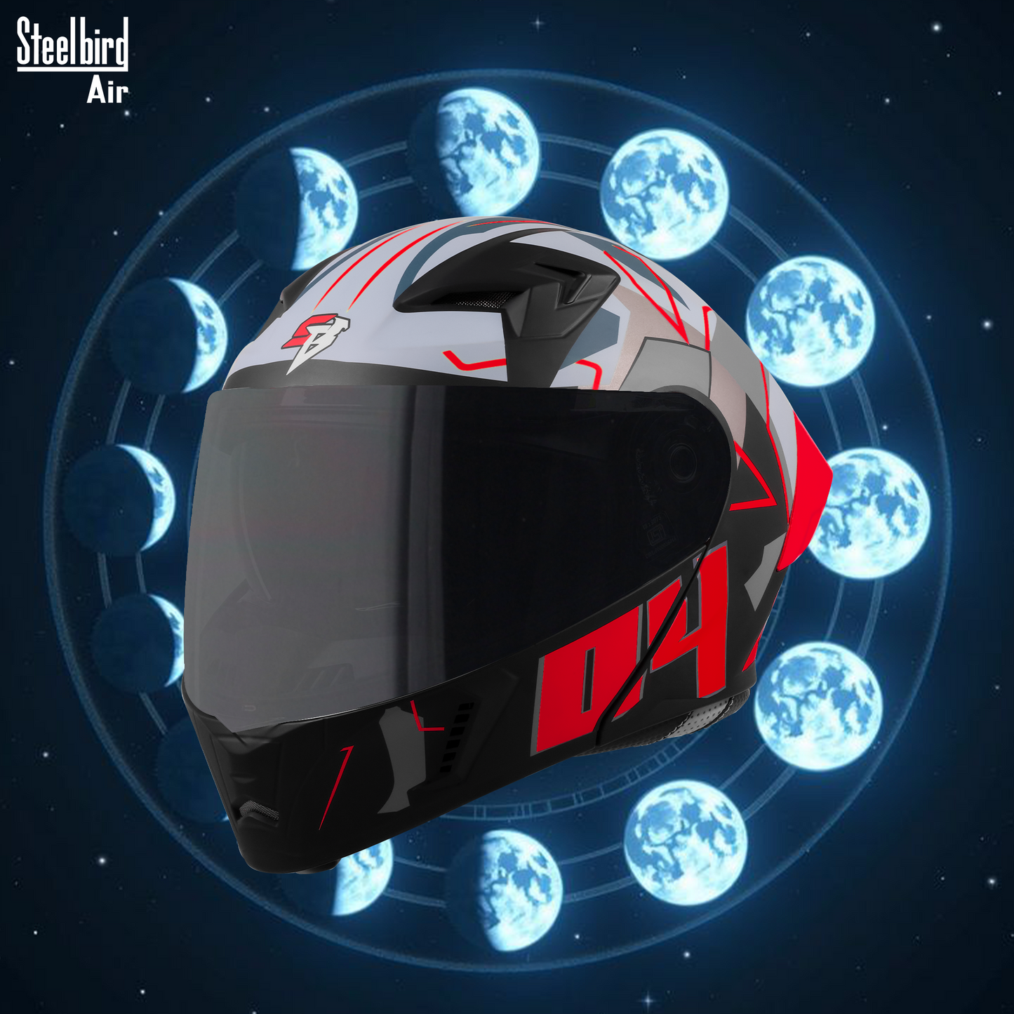 Steelbird SBA-20 04 ISI Certified Flip-Up Graphic Helmet for Men and Women with Inner Chrome Sun Shield .(Glossy Black Red with Smoke Visor).