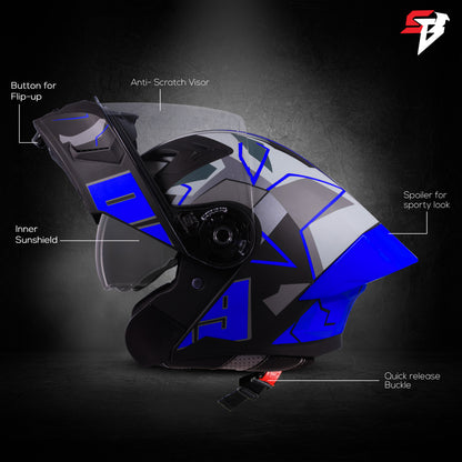 Steelbird SBA-20 09 ISI Certified Flip-Up Graphic Helmet for Men and Women with Inner Chrome Sun Shield(Glossy Black Blue with Smoke Visor)