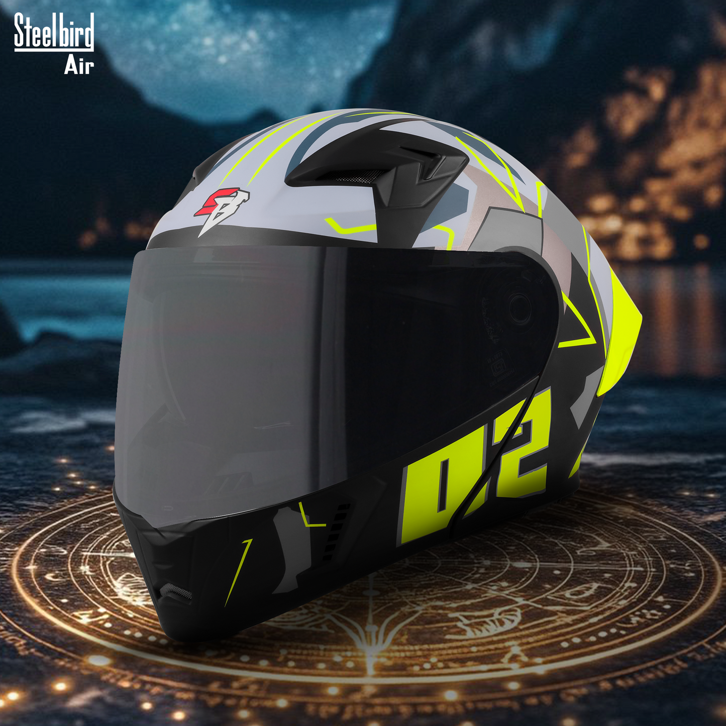 Steelbird SBA-20 02  ISI Certified Flip-Up Graphic Helmet for Men and Women with Inner Chrome Sun Shield .(Glossy Black Neon with Smoke Visor).