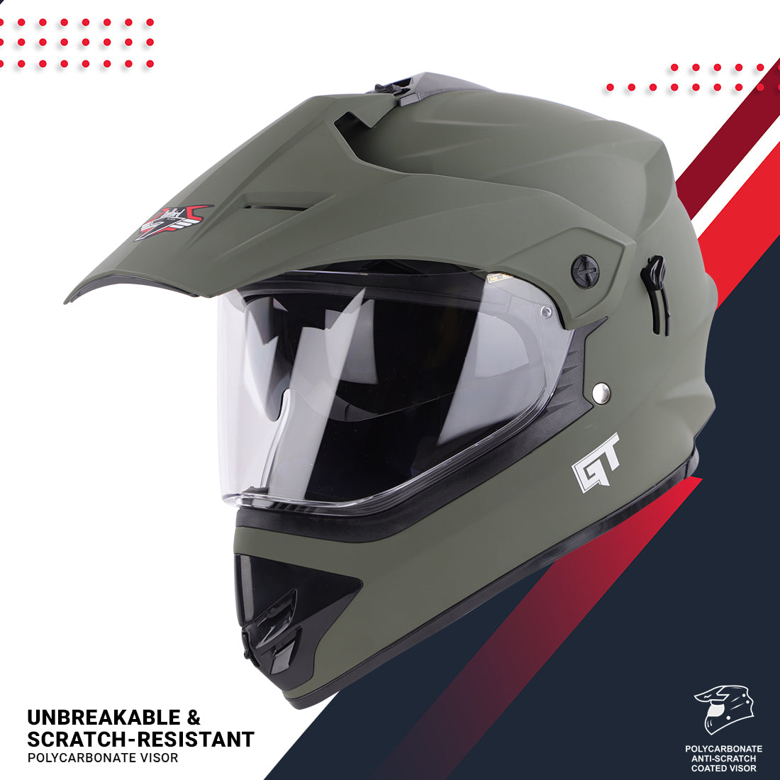 Steelbird GT Off Road ISI Certified Motocross Double Visor Full Face Helmet Outer Clear Visor and Inner Smoke Sun Shield.Matt Battle Green