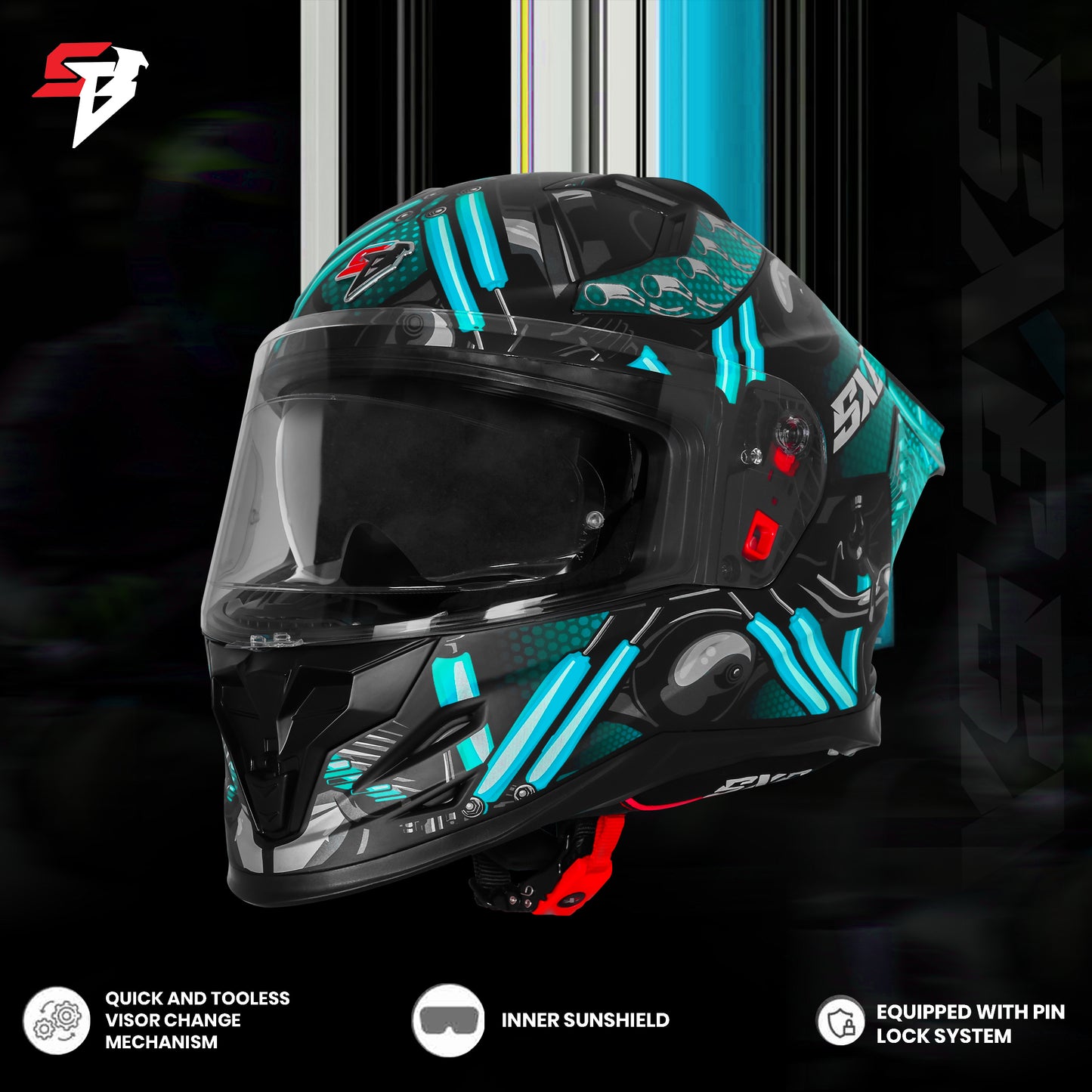 Steelbird SBH-61 SXE X2 Pinlock ISI and Dot Certified Full Face Helmet for Men and with Inner Silver Sunshield (Glossy Black Cyan Green with Anti fog Shield)