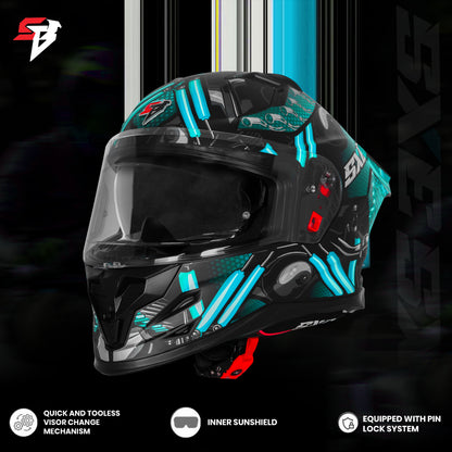 Steelbird SBH-61 SXE X2 Pinlock ISI and Dot Certified Full Face Helmet for Men and with Inner Silver Sunshield (Glossy Black Cyan Green with Anti fog Shield)