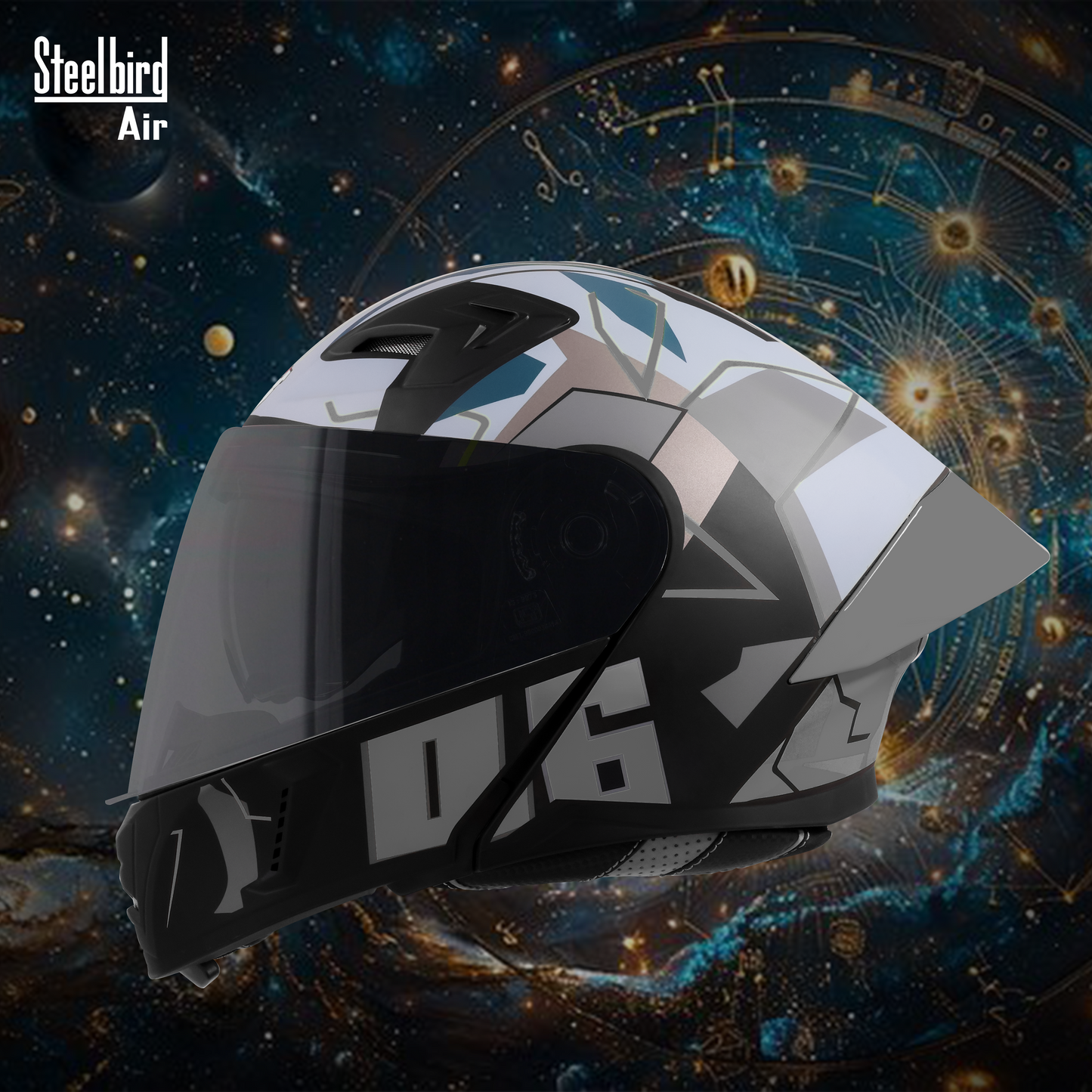 Steelbird SBA-20 06 ISI Certified Flip-Up Graphic Helmet for Men and Women with Inner Chrome Sun Shield .(Glossy Black Grey with Smoke Visor).