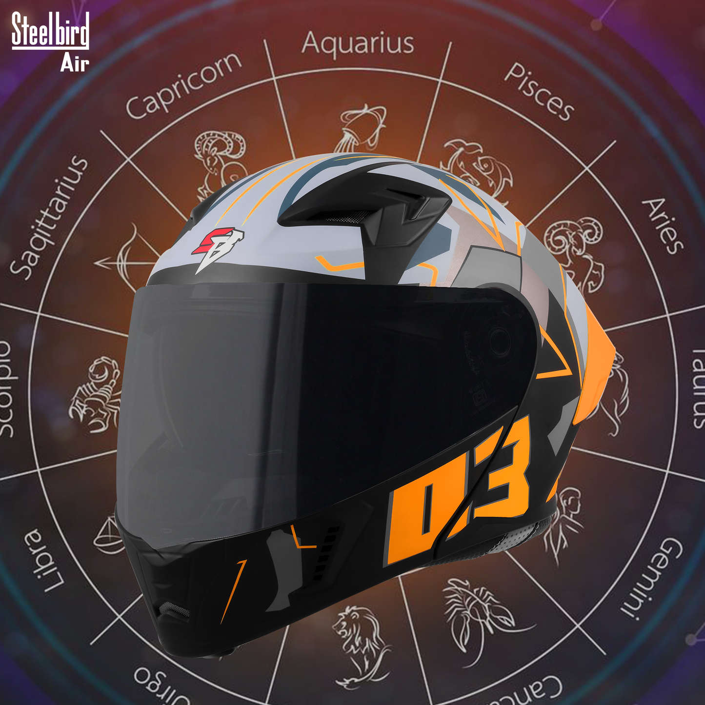 Steelbird SBA-20 03 ISI Certified Flip-Up Graphic Helmet for Men and Women with Inner Chrome Sun Shield .(Glossy Black Orange with Smoke Visor).