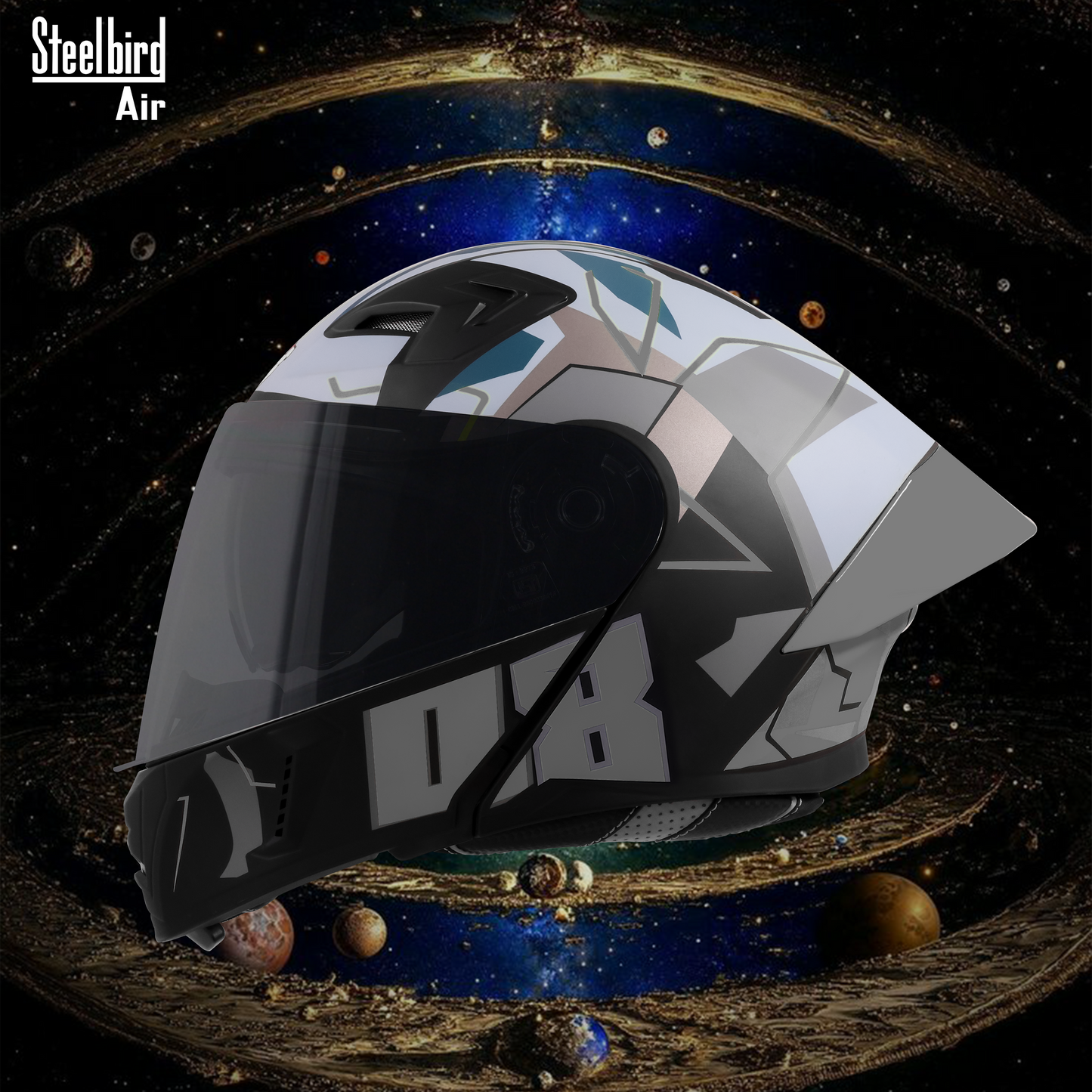 Steelbird SBA-20 08 ISI Certified Flip-Up Graphic Helmet for Men and Women with Inner Chrome Sun Shield .(Glossy Black Grey with Smoke Visor).