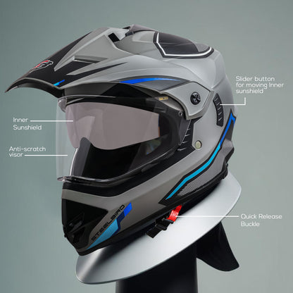 Steelbird Racer Off Road ISI Certified Motocross Double Visor Full Face Graphic Helmet Outer Clear Visor and Inner Silver Sun Shield (Glossy Grey Blue)