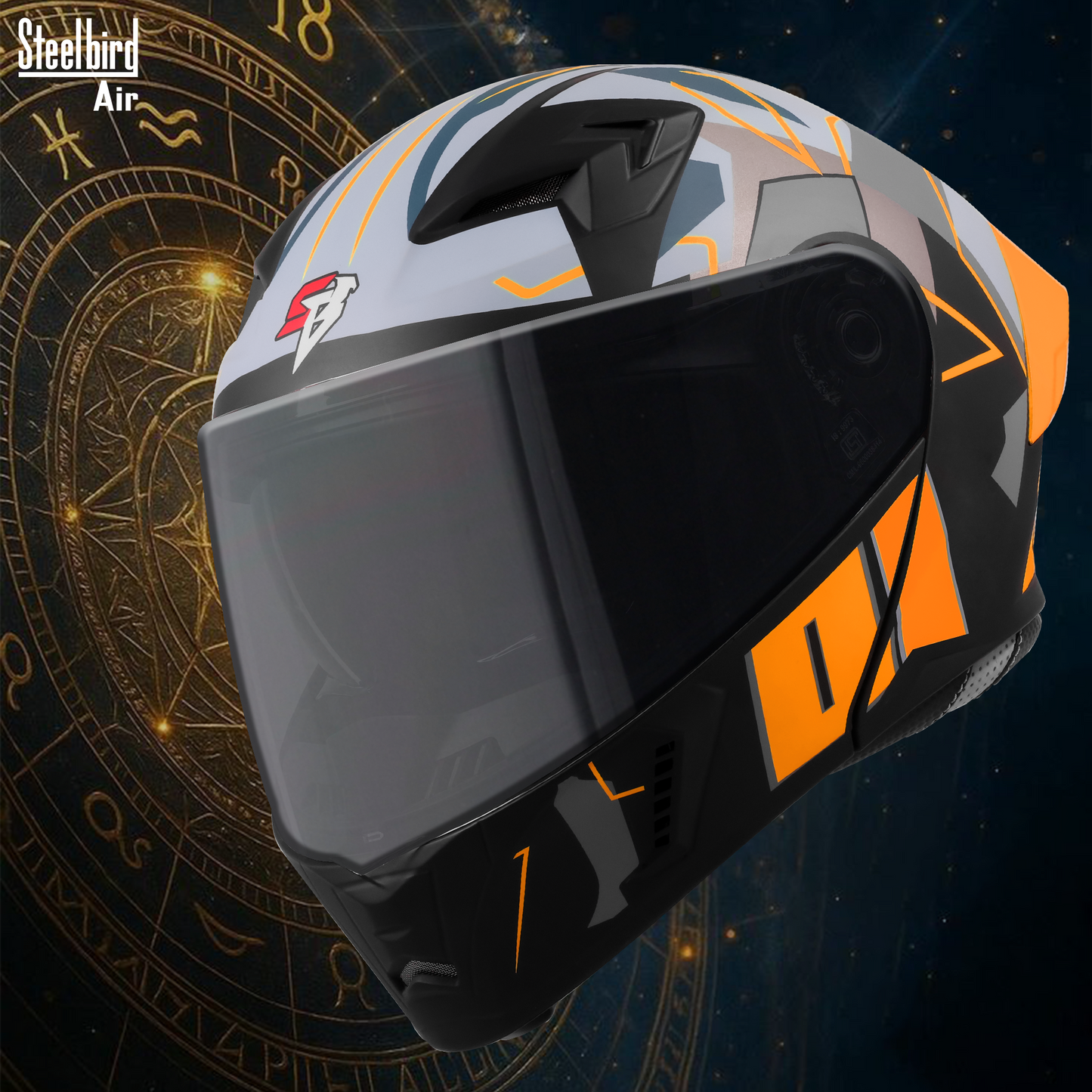 Steelbird SBA-20 01 ISI Certified Flip-Up Graphic Helmet for Men and Women with Inner Chrome Sun Shield .(Glossy Black Orange with Smoke Visor)