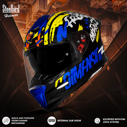 Steelbird SBH-57 Fighter F10 Graphic Helmet ISI and DOT Certified Full Face Helmet for Men with Inner Silver Sun Shield (Glossy Black Blue White)