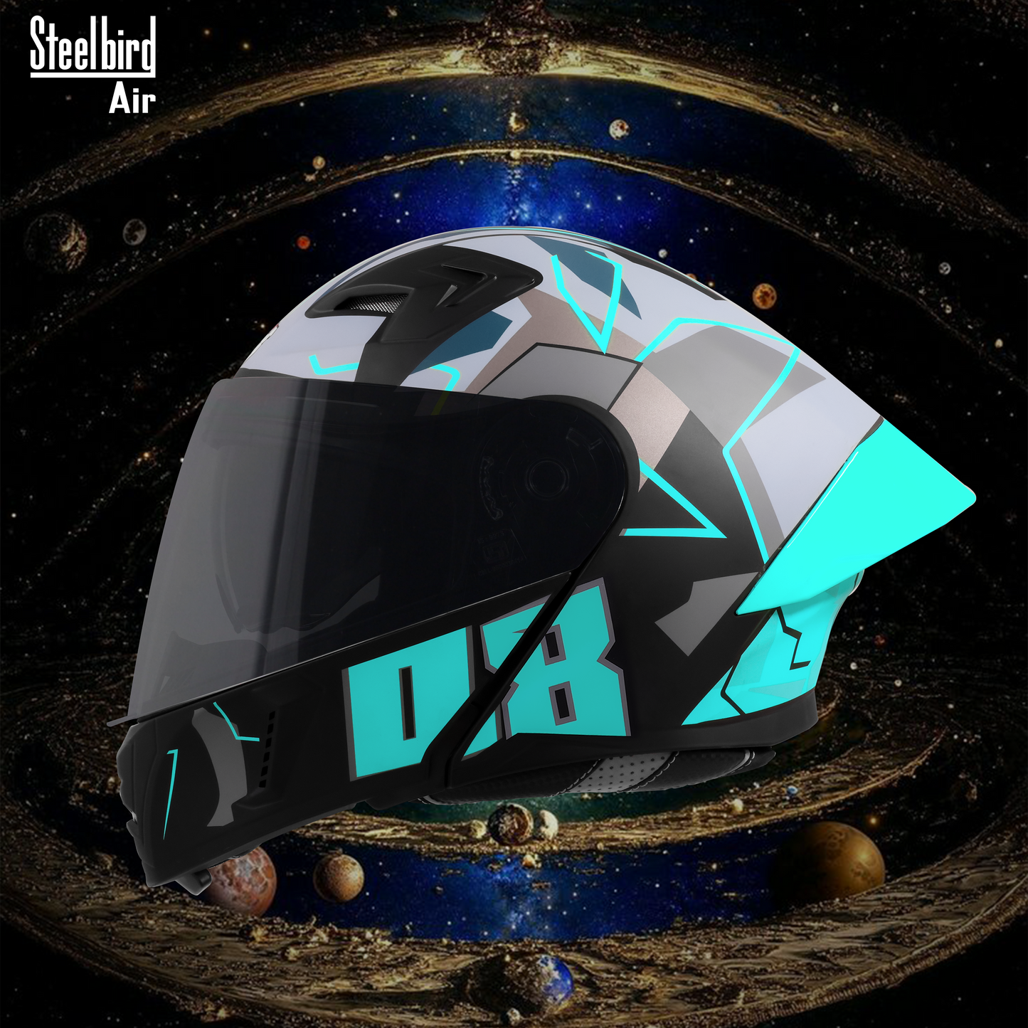 Steelbird SBA-20 08 ISI Certified Flip-Up Graphic Helmet for Men and Women with Inner Chrome Sun Shield. (Glossy Black Jazz Blue with Smoke Visor).
