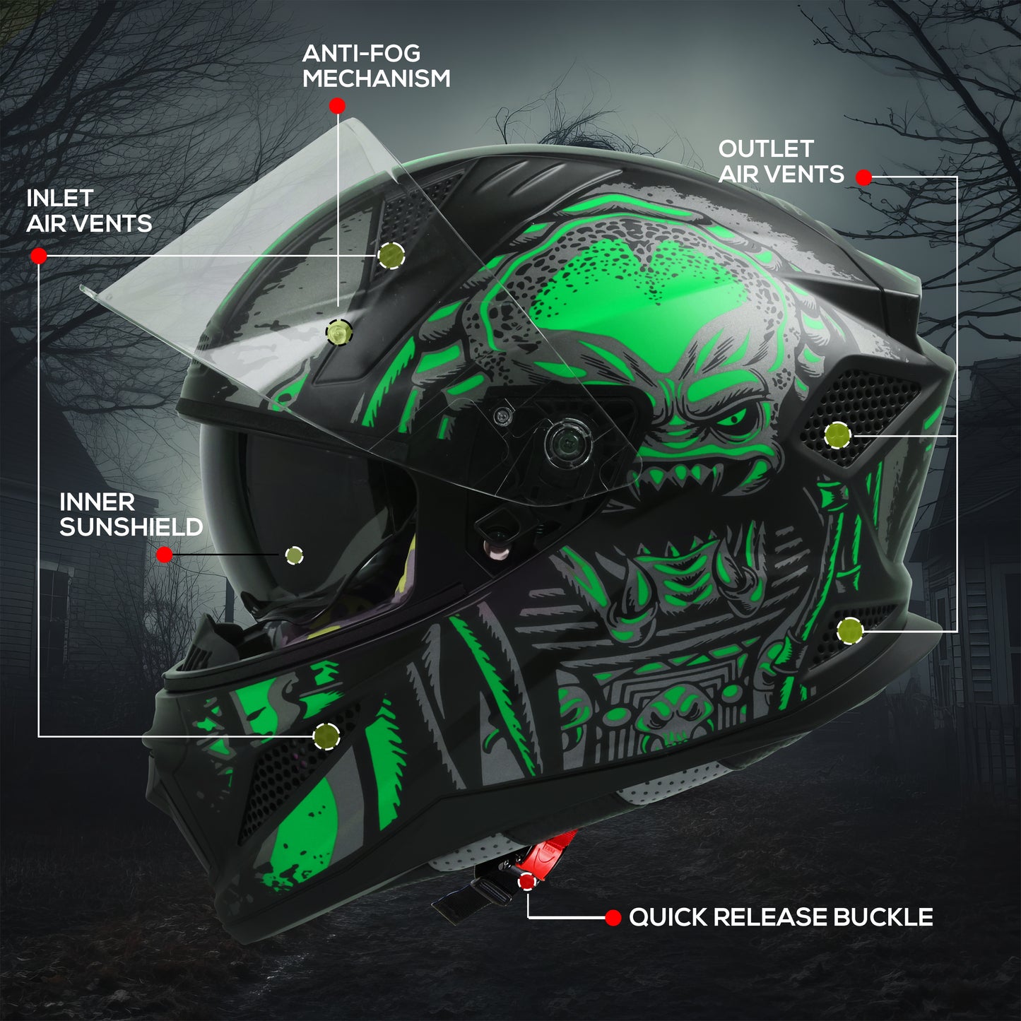 Steelbird SBH-25 Predator ISI Certified Full Face Graphic Helmet for Men and Women (Glossy Black Green with Inner Smoke Sun Shield).