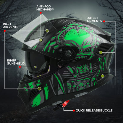 Steelbird SBH-25 Predator ISI Certified Full Face Graphic Helmet for Men and Women (Glossy Black Green with Inner Smoke Sun Shield).
