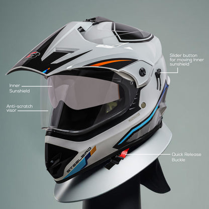 Steelbird Racer Off Road ISI Certified Motocross Double Visor Full Face Graphic Helmet Outer Clear Visor and Inner Silver Sun Shield (Glossy White Orange)