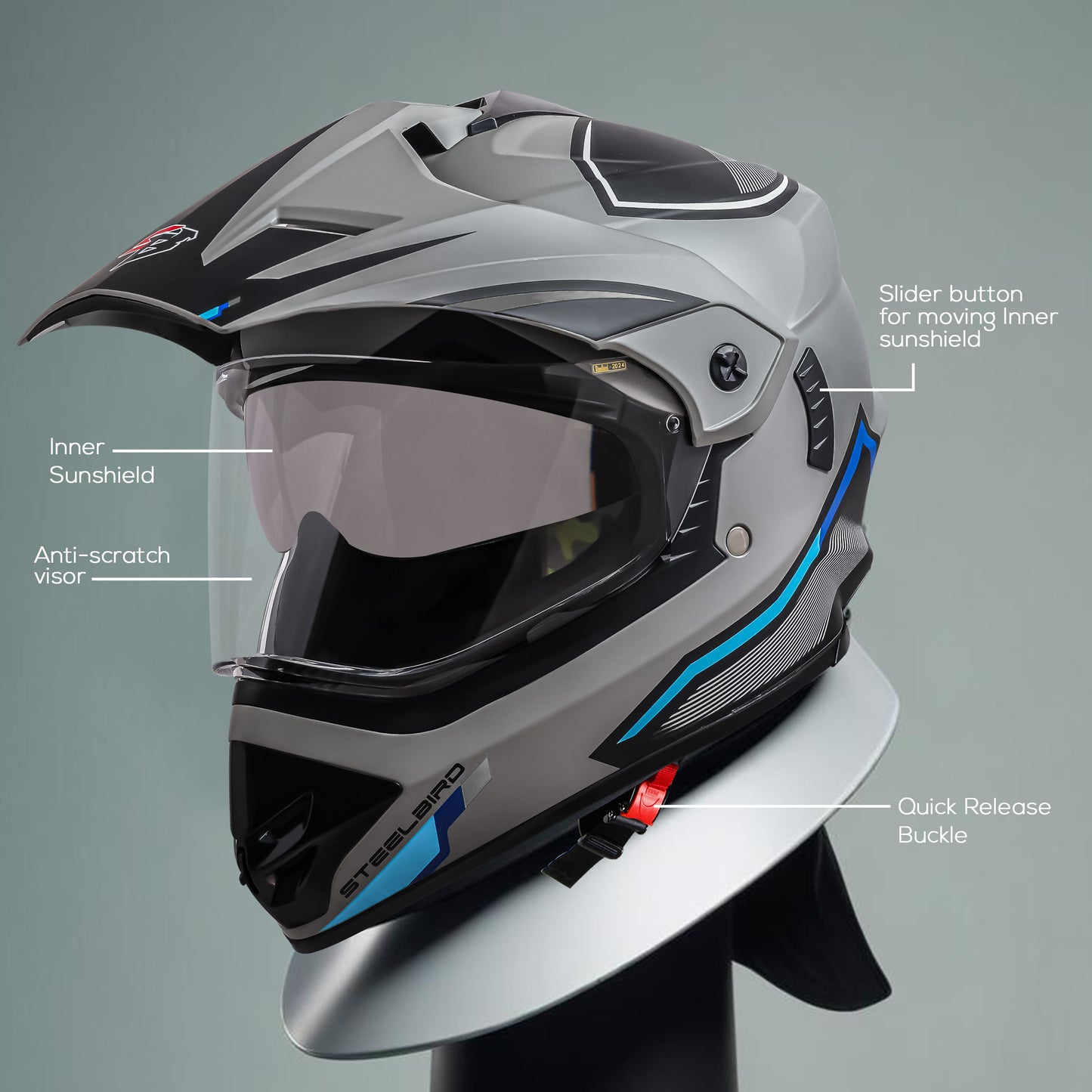 Steelbird Racer Off Road ISI Certified Motocross Double Visor Full Face Graphic Helmet Outer Clear Visor and Inner Silver Sun Shield (Glossy Grey Grey)
