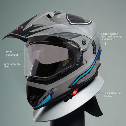 Steelbird Racer Off Road ISI Certified Motocross Double Visor Full Face Graphic Helmet Outer Clear Visor and Inner Silver Sun Shield (Glossy Grey Grey)