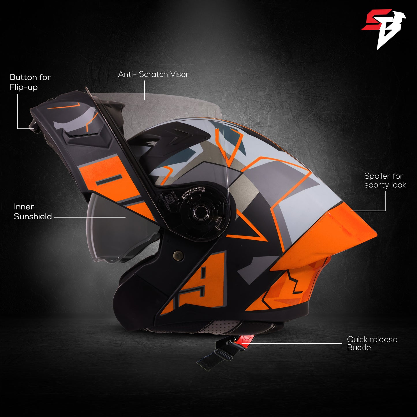 Steelbird SBA-20 09 ISI Certified Flip-Up Graphic Helmet for Men and Women with Inner Chrome Sun Shield .(Glossy Black Orange with Smoke Visor)