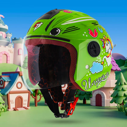 Steelbird SBA-6 Unicorn ISI Certified Open Face Graphic Helmet for Women and Kids (Matt Green with Clear Visor) Regular