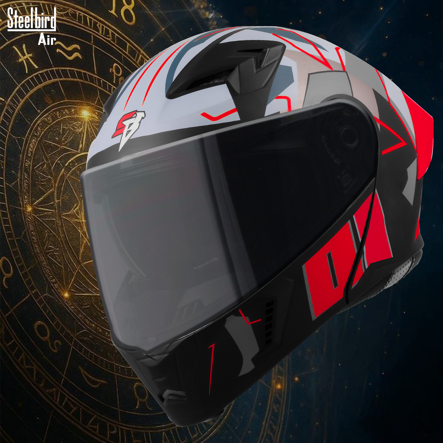 Steelbird SBA-20 01 ISI Certified Flip-Up Graphic Helmet for Men and Women with Inner Chrome Sun Shield .(Glossy Black Red with Smoke Visor)