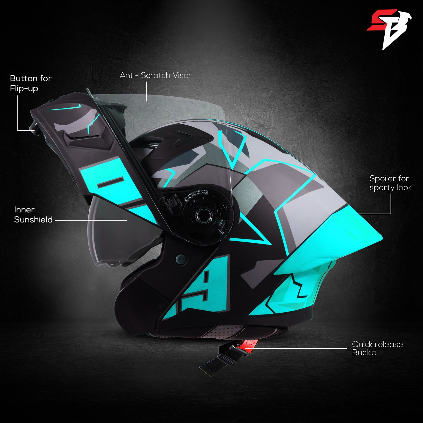 Steelbird SBA-20 09 ISI Certified Flip-Up Graphic Helmet for Men and Women with Inner Chrome Sun Shield. (Glossy Black Jazz Blue with Smoke Visor)