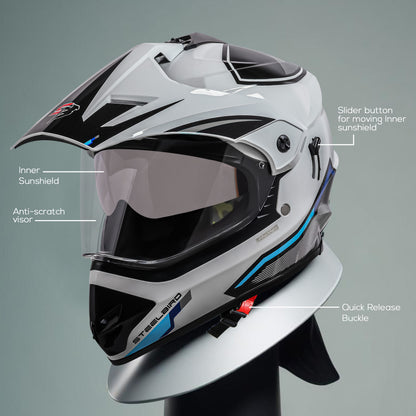 Steelbird Racer Off Road ISI Certified Motocross Double Visor Full Face Graphic Helmet Outer Clear Visor and Inner Silver Sun Shield (Glossy White Grey)
