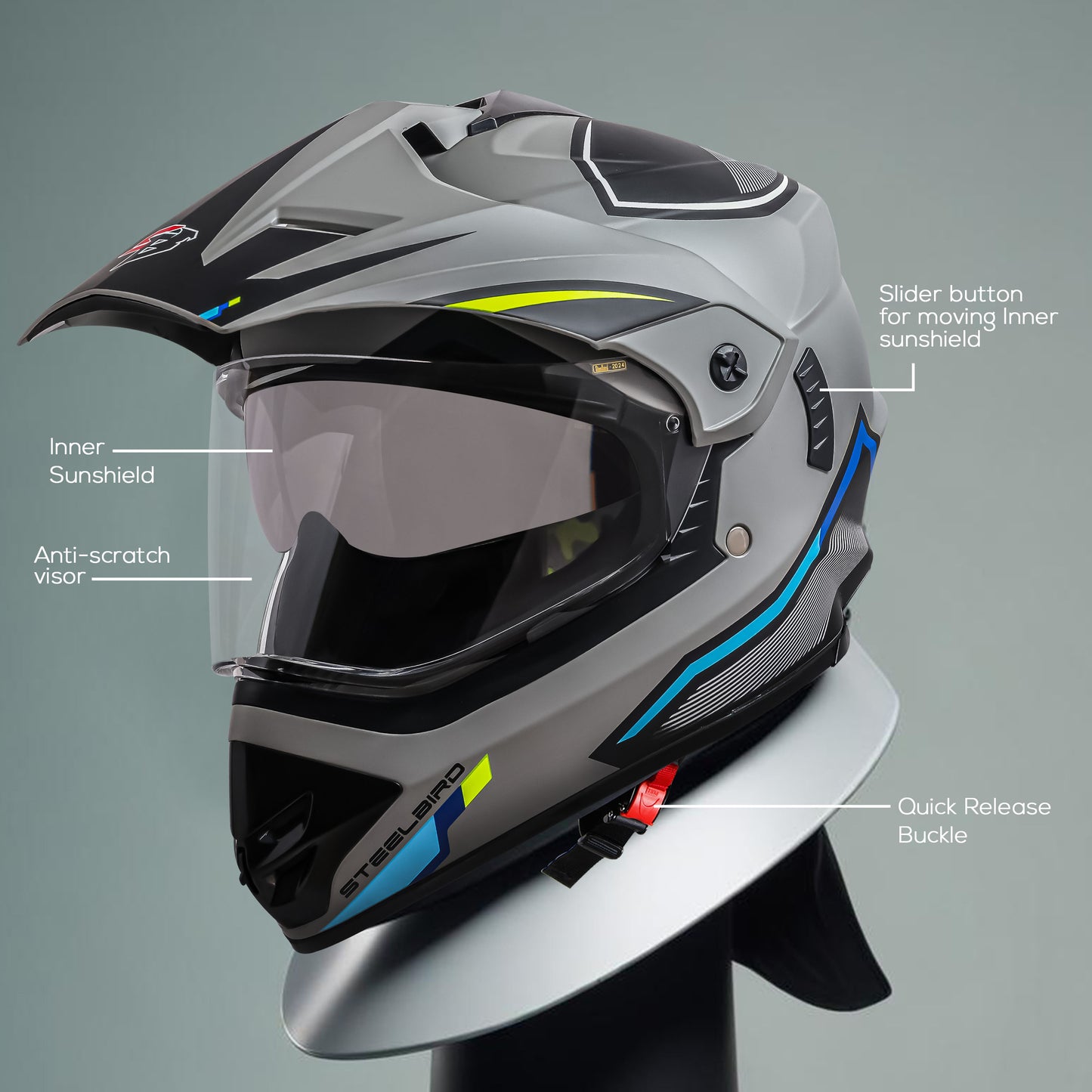 Steelbird Racer Off Road ISI Certified Motocross Double Visor Full Face Graphic Helmet Outer Clear Visor and Inner Silver Sun Shield (Glossy Grey Neon)