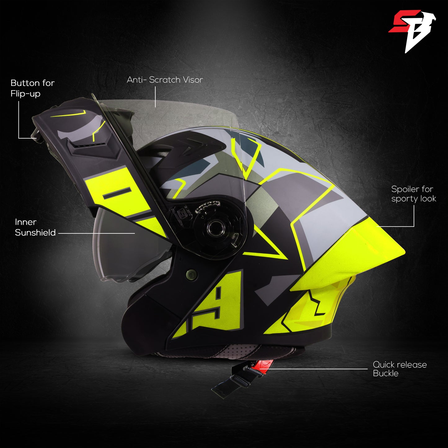 Steelbird SBA-20 09 ISI Certified Flip-Up Graphic Helmet for Men and Women with Inner Chrome Sun Shield .(Glossy Black Neon with Smoke Visor)