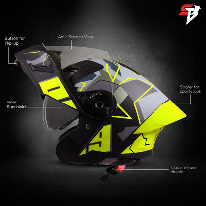 Steelbird SBA-20 09 ISI Certified Flip-Up Graphic Helmet for Men and Women with Inner Chrome Sun Shield .(Glossy Black Neon with Smoke Visor)