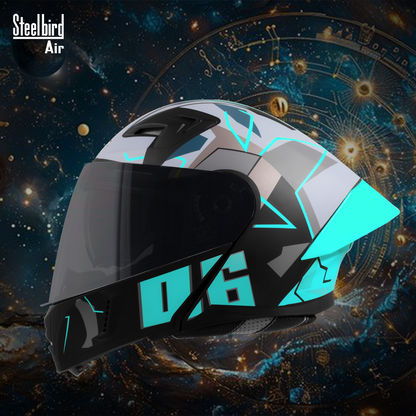 Steelbird SBA-20 06 ISI Certified Flip-Up Graphic Helmet for Men and Women with Inner Chrome Sun Shield. (Glossy Black Jazz Blue with Smoke Visor).
