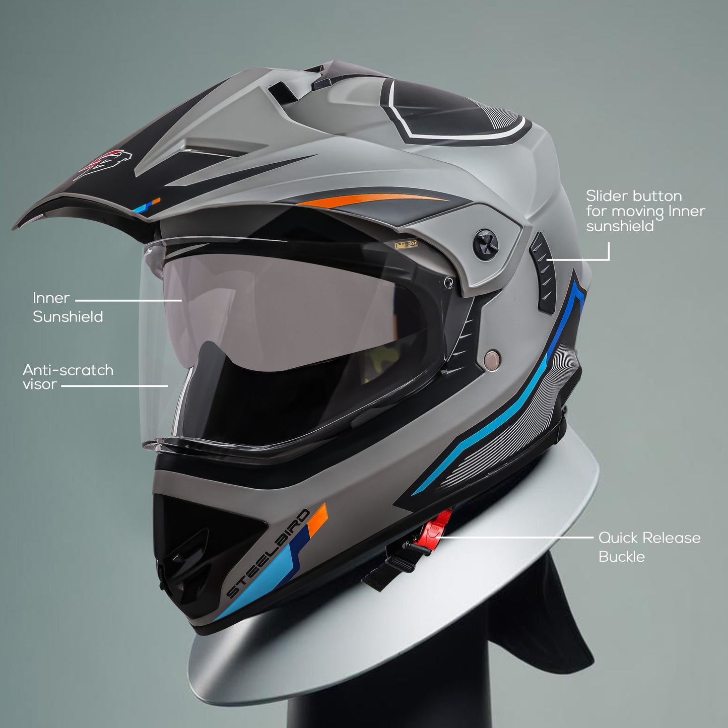 Steelbird Racer Off Road ISI Certified Motocross Double Visor Full Face Graphic Helmet Outer Clear Visor and Inner Silver Sun Shield (Glossy Grey Orange)