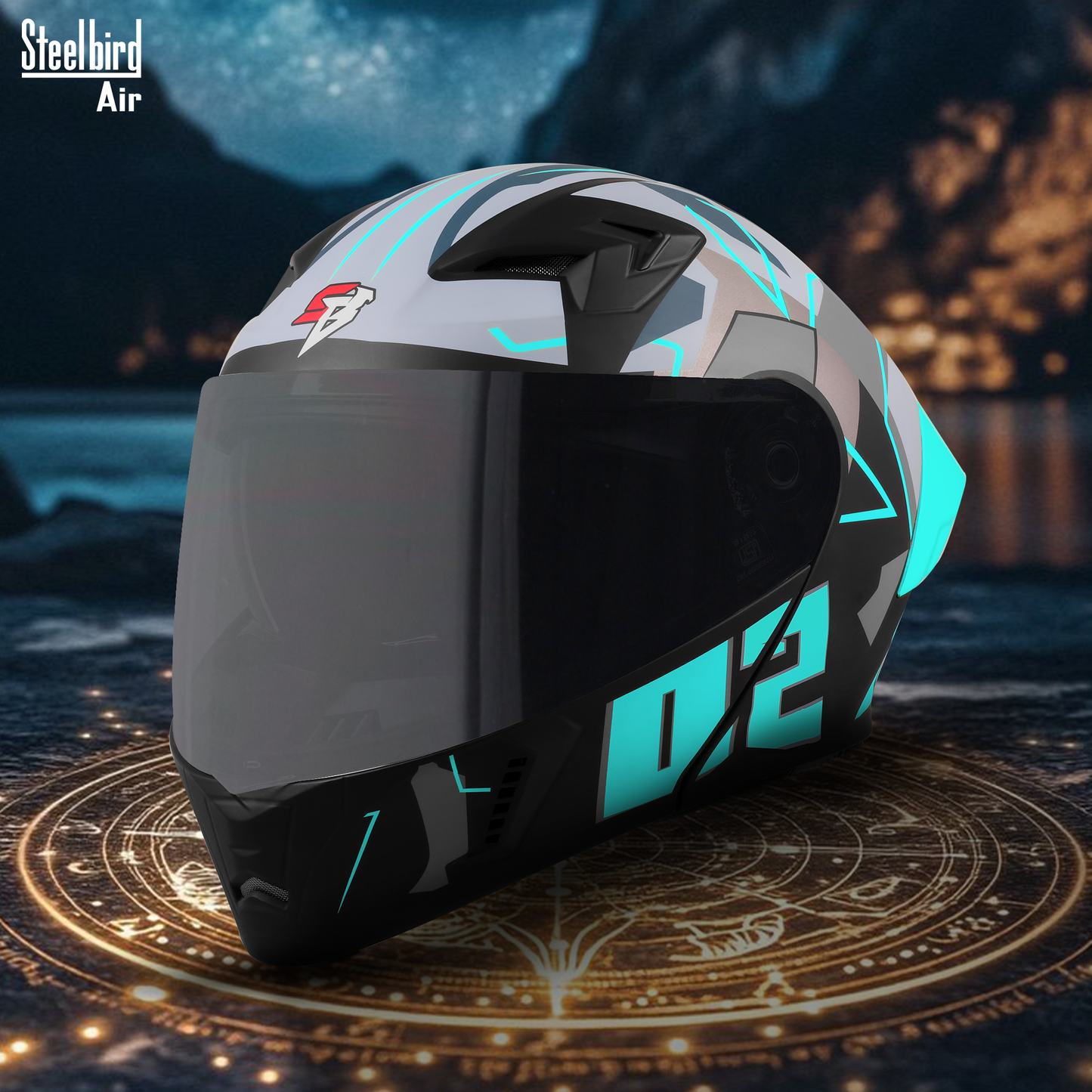 Steelbird SBA-20 02 ISI Certified Flip-Up Graphic Helmet for Men and Women with Inner Chrome Sun Shield. (Glossy Black Jazz Blue with Smoke Visor)