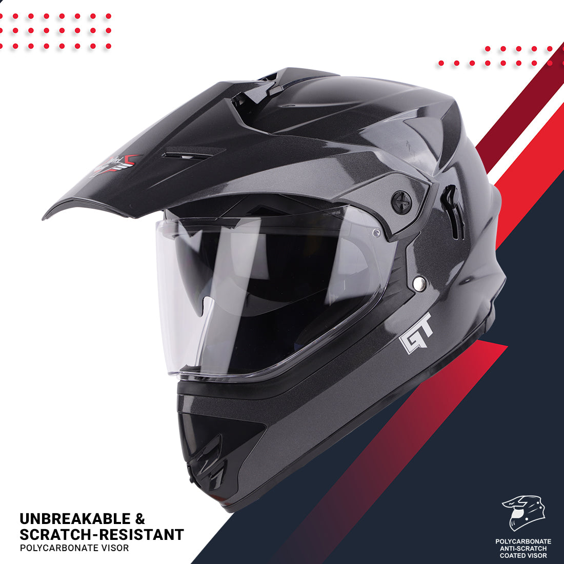Steelbird GT Off Road ISI Certified Motocross Double Visor Full Face Helmet Outer Clear Visor and Inner Smoke Sun Shield.(Glossy Axis Grey)
