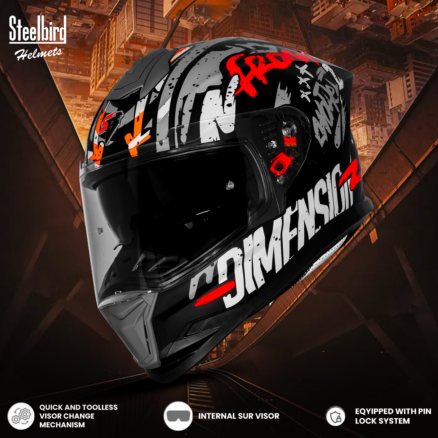 Steelbird SBH-57 Fighter F10 Graphic Helmet ISI and DOT Certified Full Face Helmet for Men with Inner Silver Sun Shield (Glossy Black White Red)
