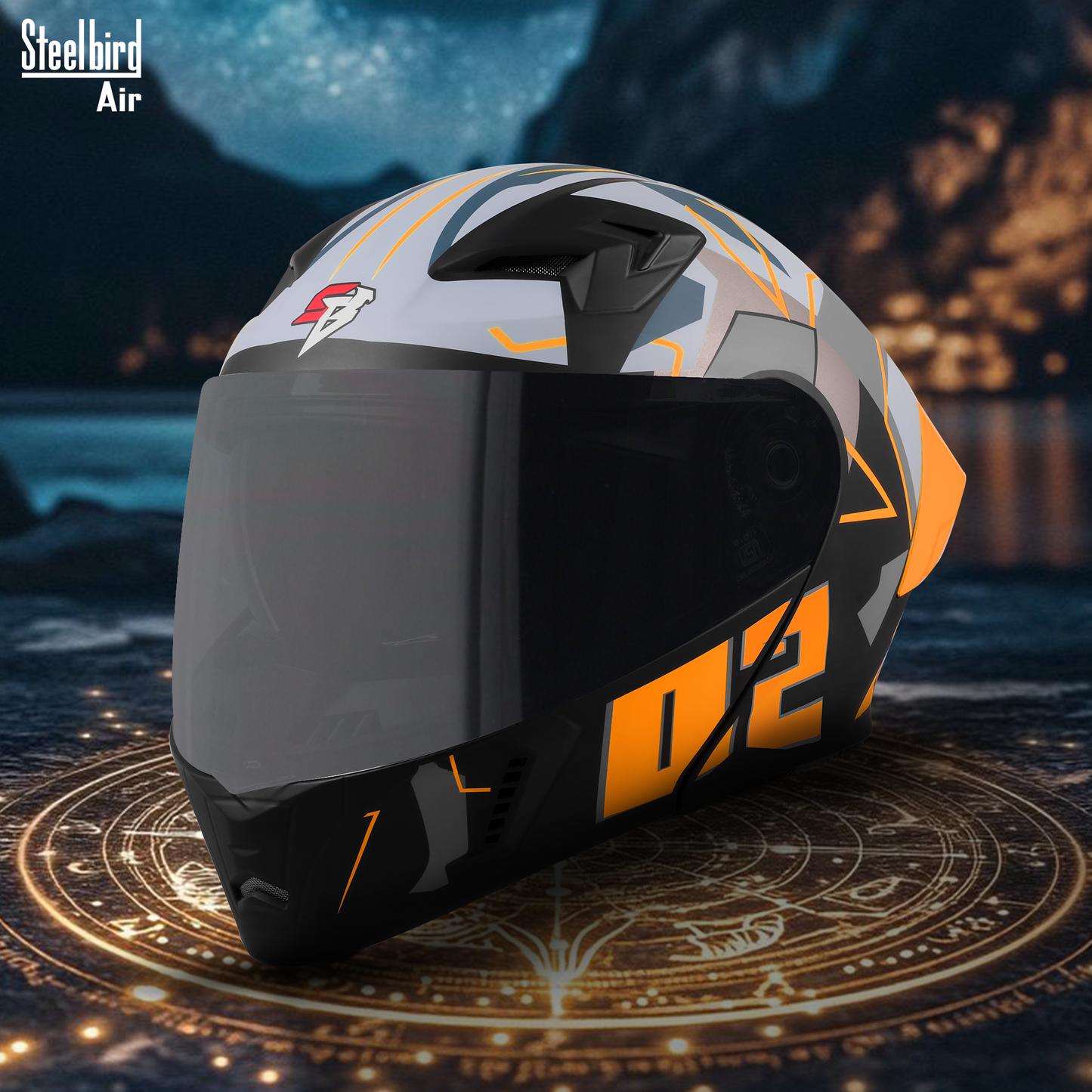 Steelbird SBA-20 02 ISI Certified Flip-Up Graphic Helmet for Men and Women with Inner Chrome Sun Shield .(Glossy Black Orange with Smoke Visor)