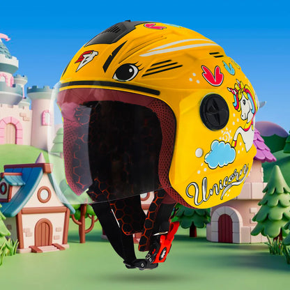 Steelbird SBA-6 Unicorn ISI Certified Open Face Graphic Helmet for Women and Kids (Matt Yellow with Clear Visor) Regular