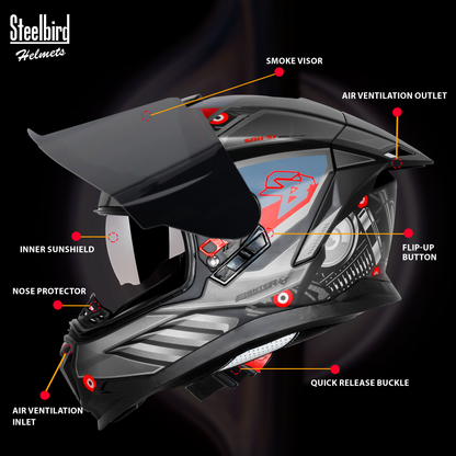 Steelbird SBH-57 Fighter F8 ISI and DOT Certified Full Face Graphic Helmet for Men and Women with Inner Silver Sun Shield