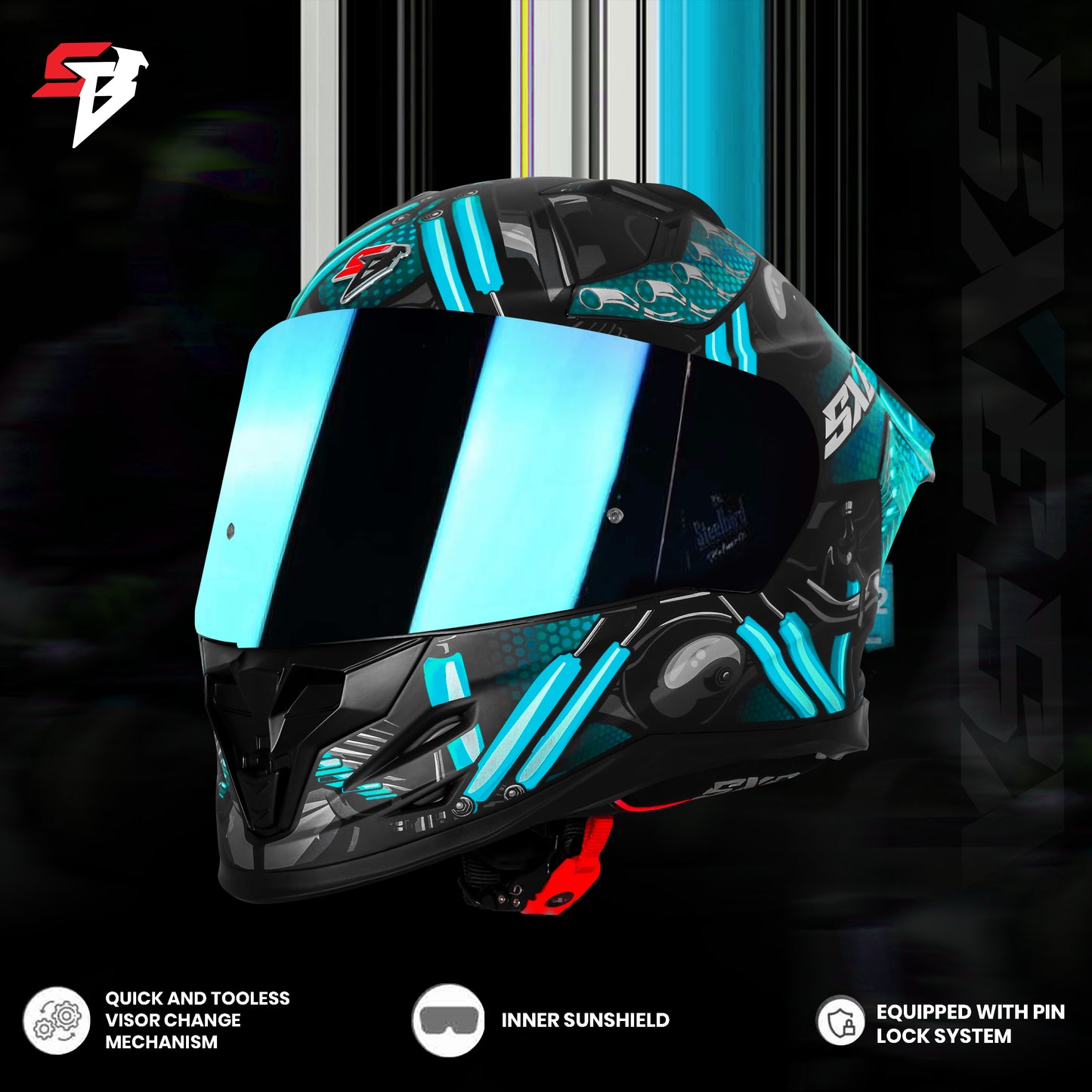 Steelbird SBH 61 SXE X2 ISI and Dot Certified Full Face Helmet for Men and with Inner Silver Sunshield (Glossy Black Cyan Green)