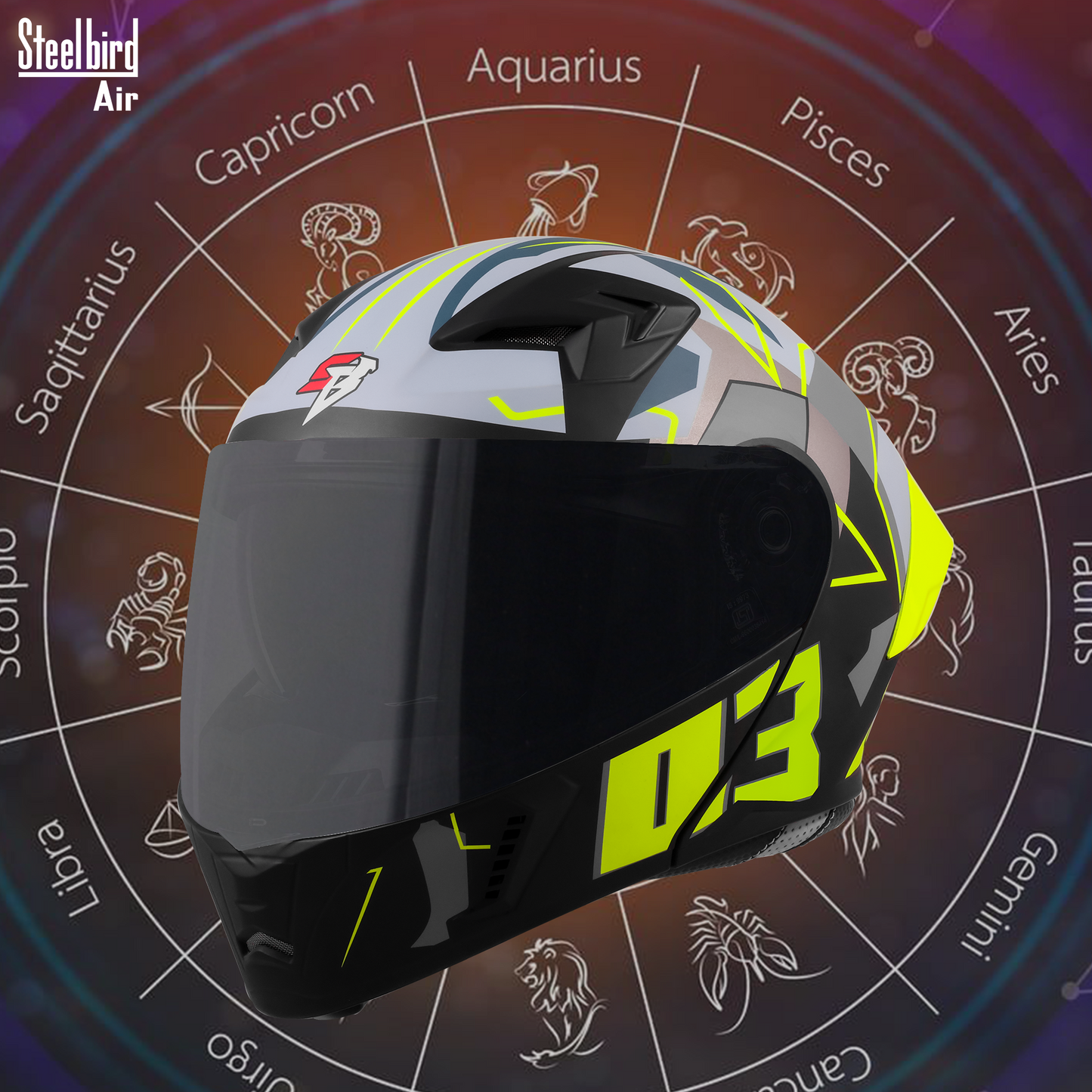 Steelbird SBA-20 03  ISI Certified Flip-Up Graphic Helmet for Men and Women with Inner Chrome Sun Shield .(Glossy Black Neon with Smoke Visor).