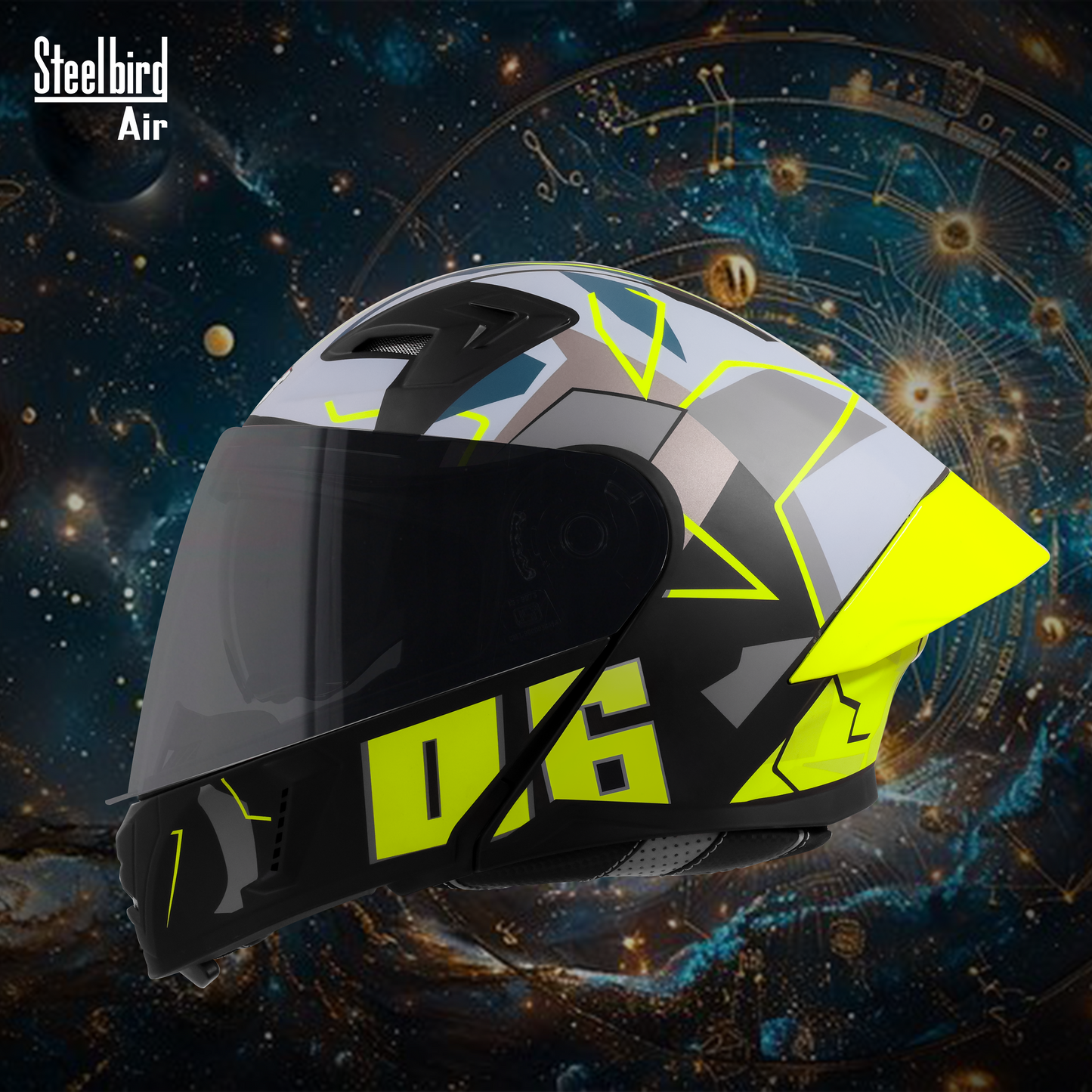 Steelbird SBA-20 06  ISI Certified Flip-Up Graphic Helmet for Men and Women with Inner Chrome Sun Shield .(Glossy Black Neon with Smoke Visor).