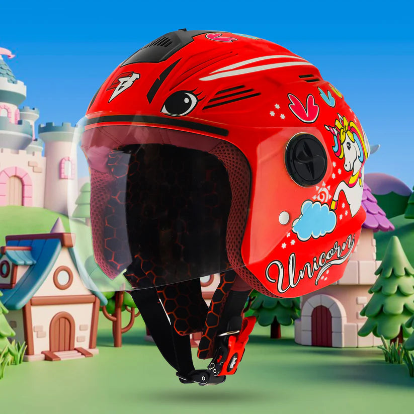 Steelbird SBA-6 Unicorn ISI Certified Open Face Graphic Helmet for Women and Kids (Matt Red with Clear Visor) Regular.