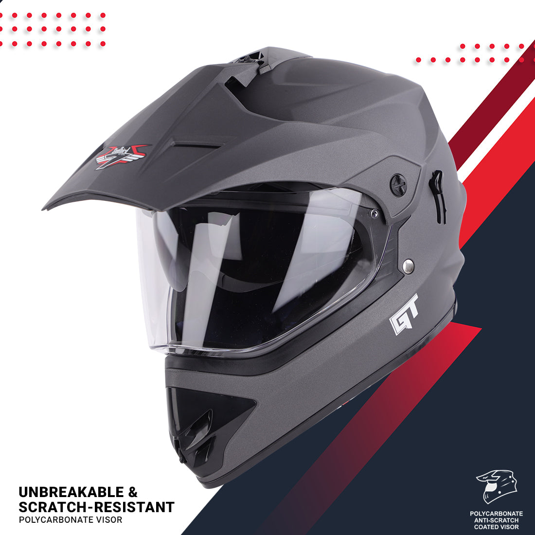 Steelbird GT Off Road ISI Certified Motocross Double Visor Full Face Helmet Outer Clear Visor and Inner Smoke Sun Shield.(Matt Axis Grey)