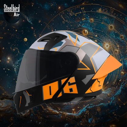 Steelbird SBA-20 06 ISI Certified Flip-Up Graphic Helmet for Men and Women with Inner Chrome Sun Shield .(Glossy Black Orange with Smoke Visor).