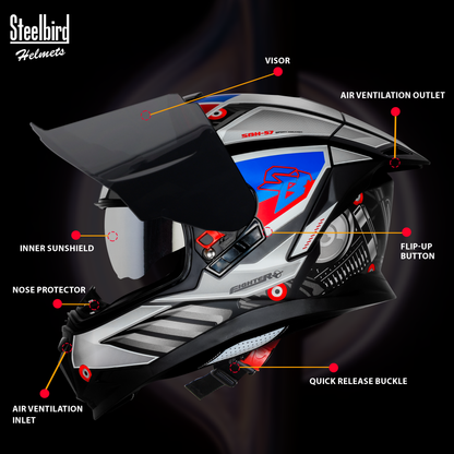 Steelbird SBH-57 Fighter F8 ISI and DOT Certified Full Face Graphic Helmet for Men and Women with Inner Silver Sun Shield .