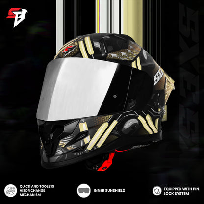 Steelbird SBH 61 SXE X2 ISI and Dot Certified Full Face Helmet for Men and with Inner Silver Sunshield (Glossy Black Golden)