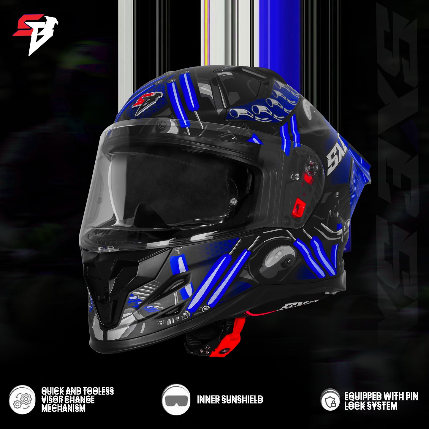 Steelbird SBH-61 SXE X2 Pinlock ISI and Dot Certified Full Face Helmet for Men and with Inner Silver Sunshield  (Glossy Black Blue with Anti fog Shield)